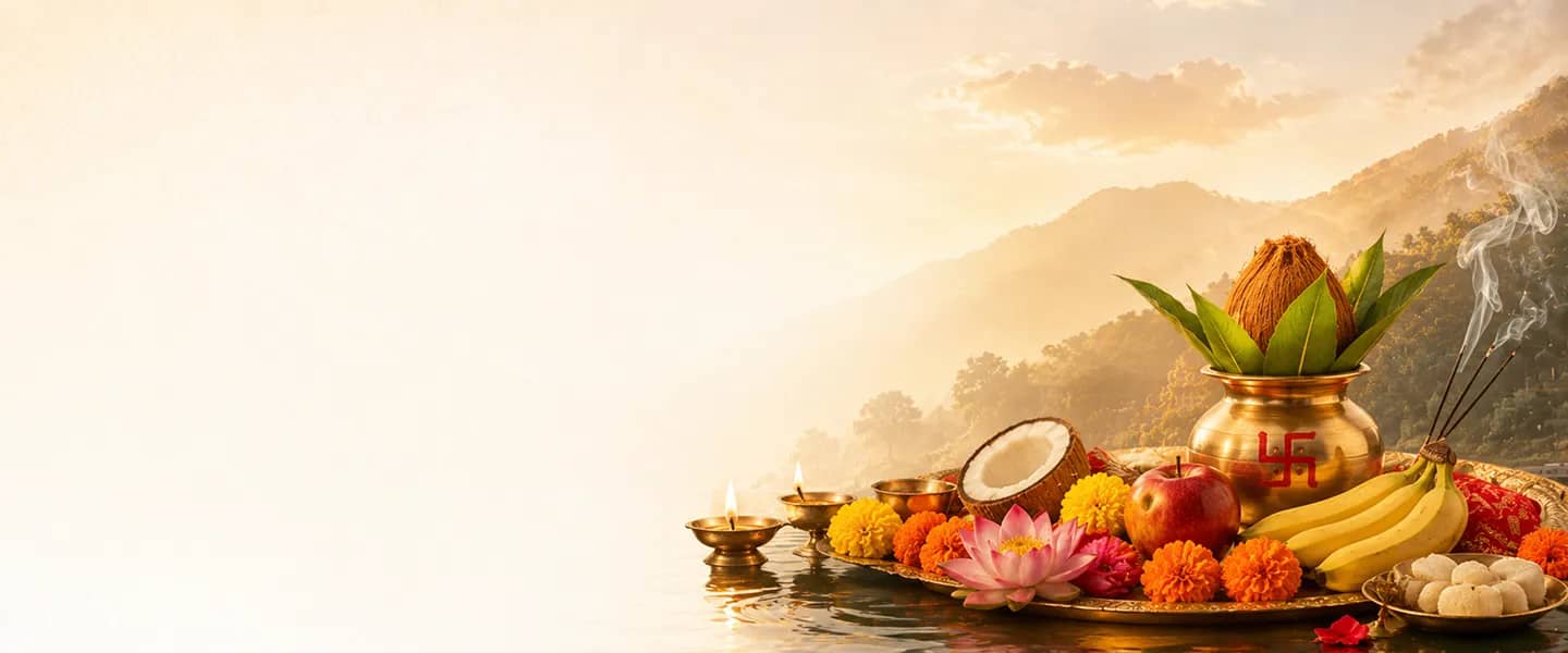 Sacred chadhava offerings with flowers, fruits, and diyas on a golden thali