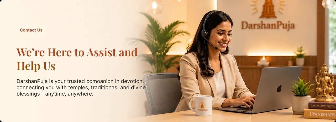 A DarshanPuja support specialist wearing a headset, ready to assist you