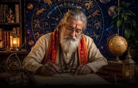 Astrologer studying Panchang scrolls with celestial charts
