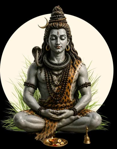 Lord Shiva in meditation with sacred diya and bell — Darshan Puja spiritual platform