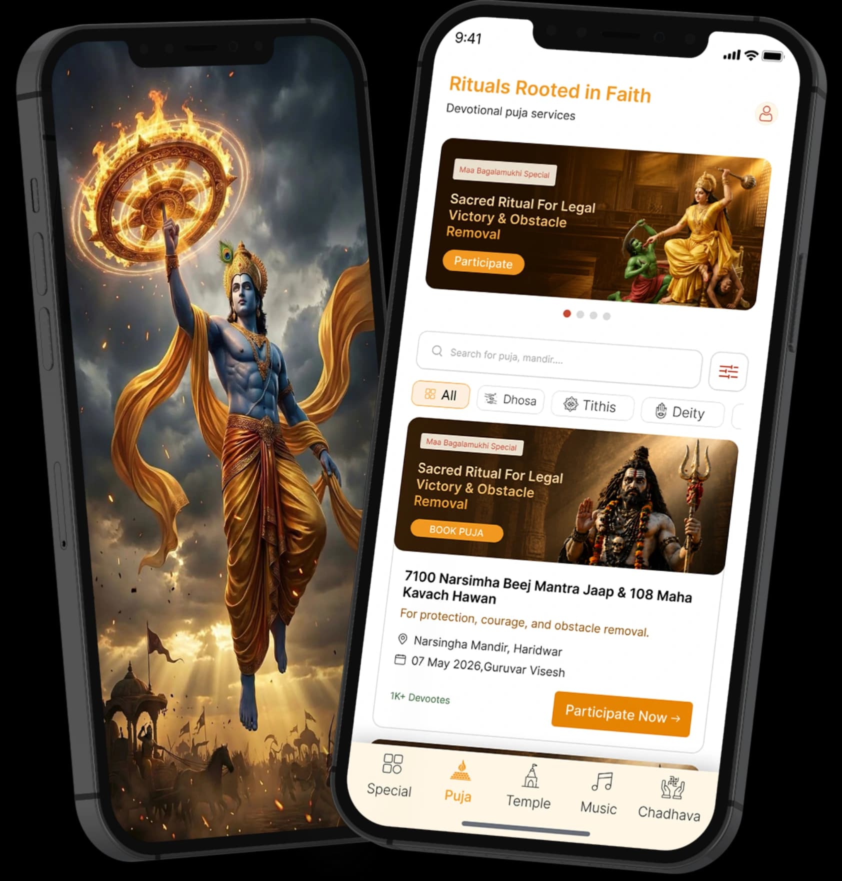 Darshan Puja mobile app on iPhone showing puja booking and spiritual services